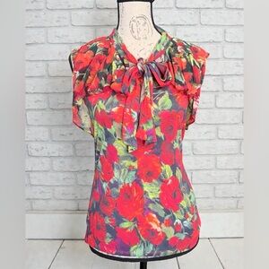 Karen Millen Red Rose Floral Print Tie Neck Top Size 6/ 10UK
